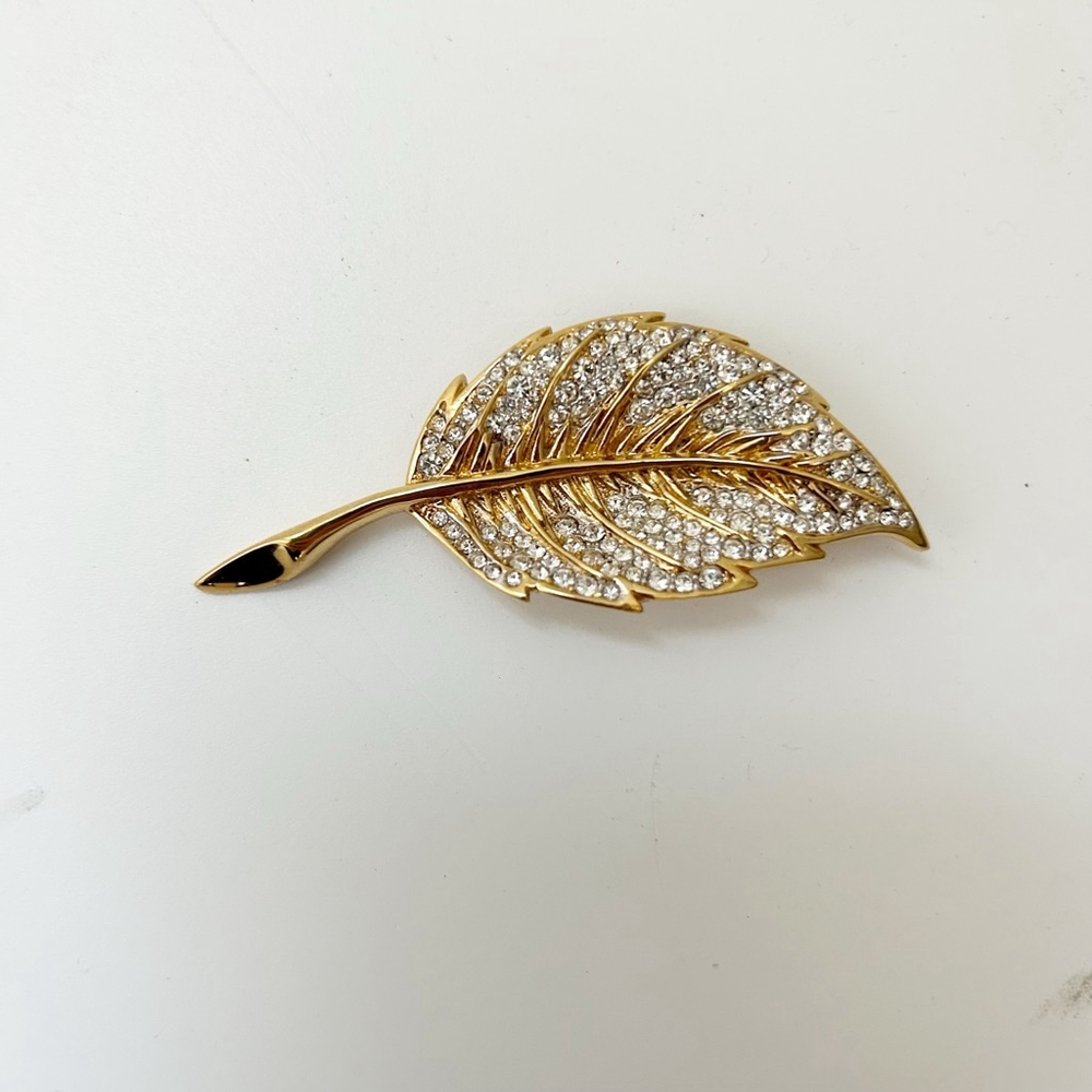 Vintage Gold Toned D’orlan Leaf Brooch w/Rhinestones